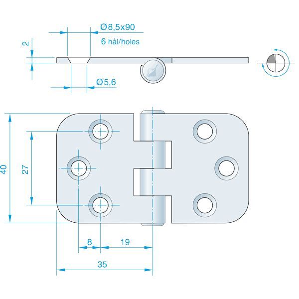 Roca Scharnier rostfreier Stahl 35+35x40mm verdeckt