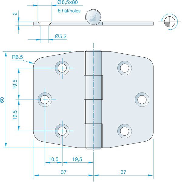 Roca Scharnier aus Edelstahl – 51+51 × 64 mm