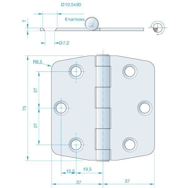 Roca Scharnier rostfreier Stahl 37+37x75x2mm