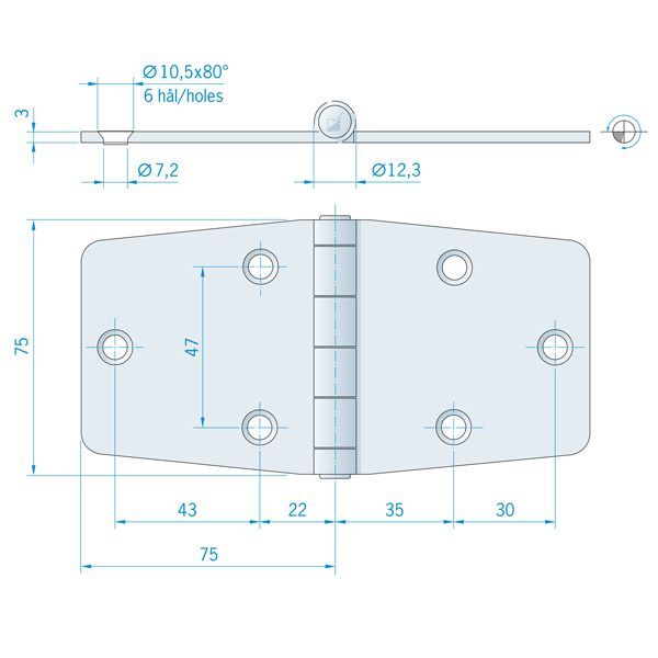 Roca Scharnier aus Edelstahl – 51+51 × 64 mm