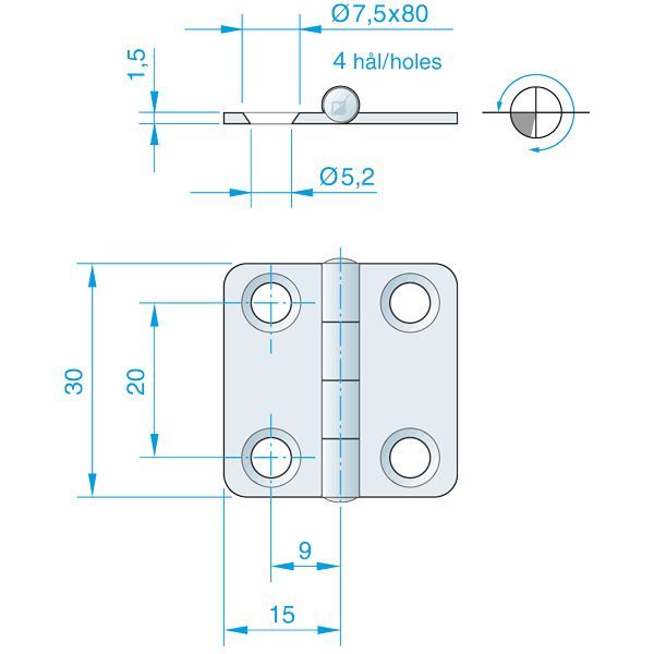 Roca Scharnier aus Edelstahl – 51+51 × 64 mm