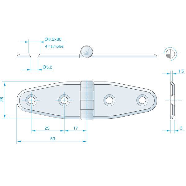 Roca Scharnier aus Edelstahl – 51+51 × 64 mm