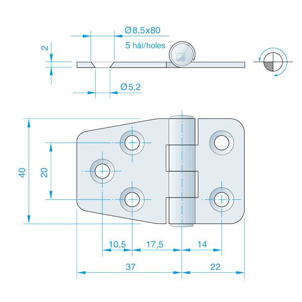 Roca Scharnier Messing poliert 37+22x40mm