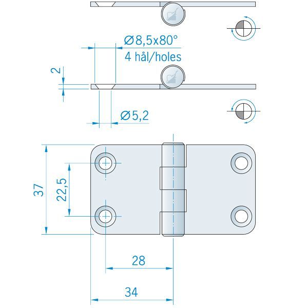 Roca Scharnier rostfreier Stahl 34x37mm
