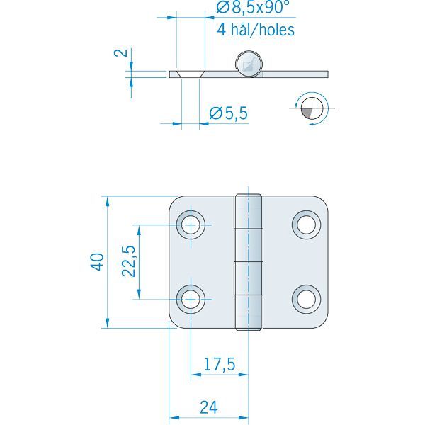 Roca Scharnier aus Edelstahl A4 – 24+24 × 40 mm