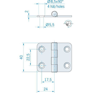 Roca Scharnier aus Edelstahl A4 – 24+24 × 40 mm