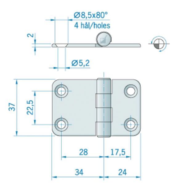 Roca Scharnier rostfreier Stahl 34+24x37mm mit gesenkten Bohrlöchern