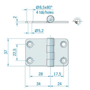 Roca Scharnier aus Edelstahl – 51+51 × 64 mm