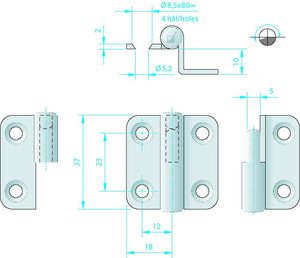 Roca angled door hinge, stainless steel, 18+18x37x10mm, right-hand