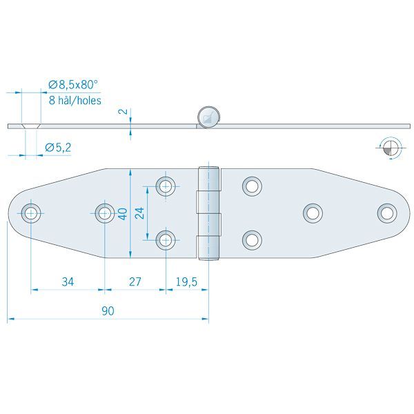 Roca Scharnier aus Edelstahl A4 – 24+24 × 40 mm