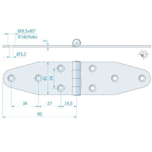Roca Scharnier aus Edelstahl A4 – 24+24 × 40 mm