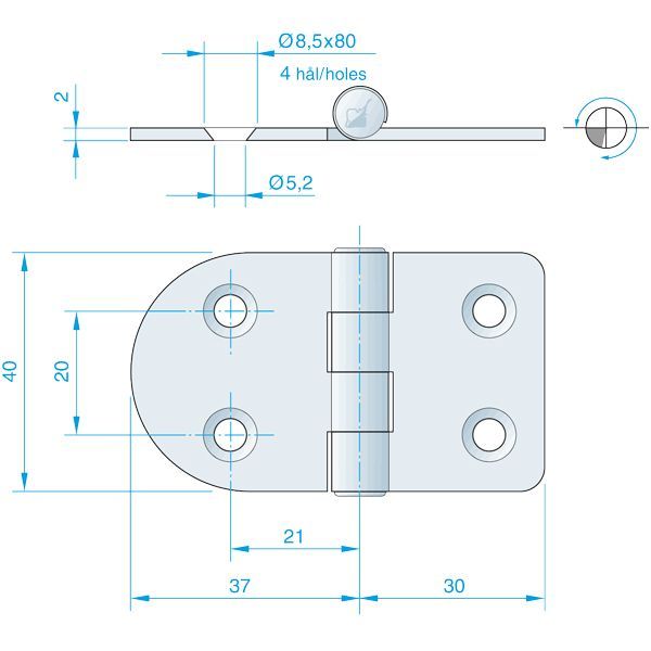 Roca Scharnier aus Edelstahl A4 – 24+24 × 40 mm