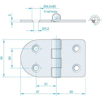 Roca Scharnier aus Edelstahl A4 – 24+24 × 40 mm
