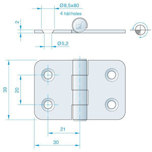 Roca Scharnier aus Edelstahl A4 – 24+24 × 40 mm