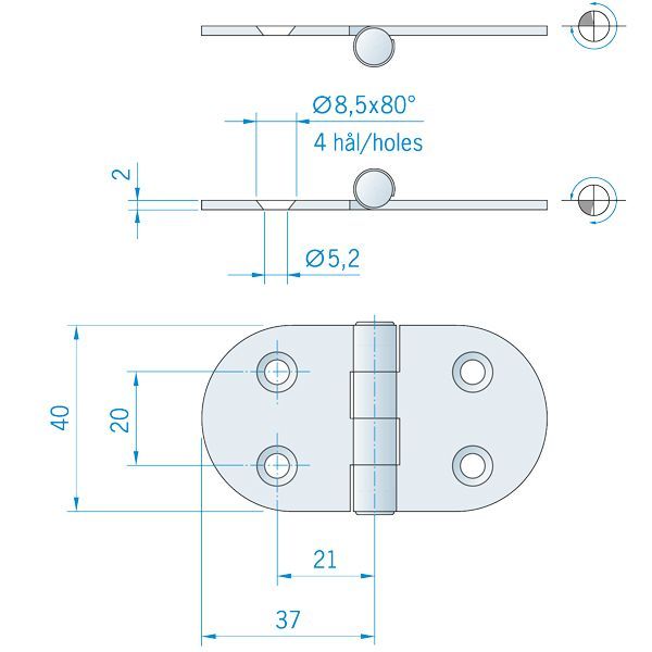 Scharnier Edelstahl 74 x 40mm