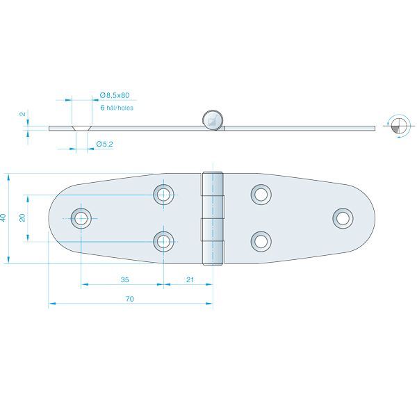 Roca Scharnier aus Edelstahl A4 – 24+24 × 40 mm