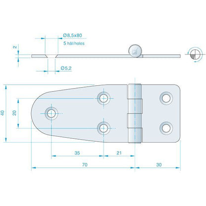 Roca Scharnier aus Edelstahl A4 – 24+24 × 40 mm