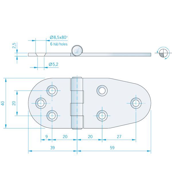 Roca Scharnier aus Edelstahl A4 – 24+24 × 40 mm