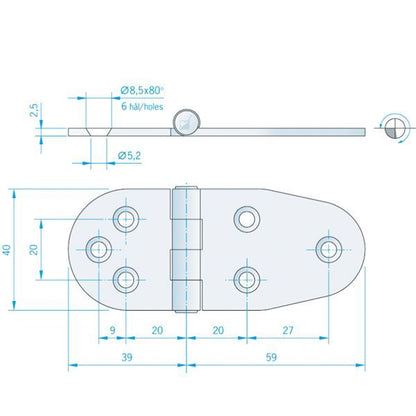Roca Scharnier aus Edelstahl A4 – 24+24 × 40 mm