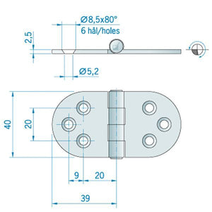 Roca Scharnier rostfreier Stahl 39+39x40mm