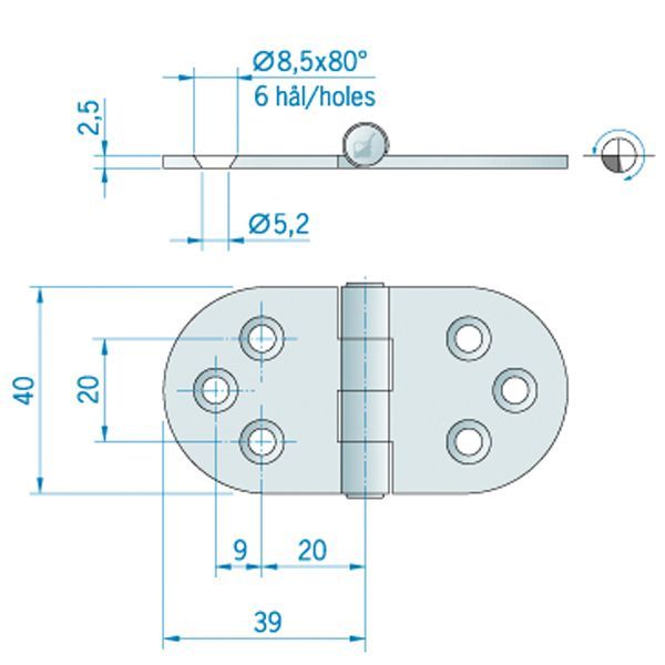 Roca Scharnier rostfreier Stahl 39+39x40mm