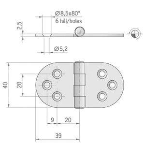 Roca Scharnier rostfreier Stahl 39+39x40mm