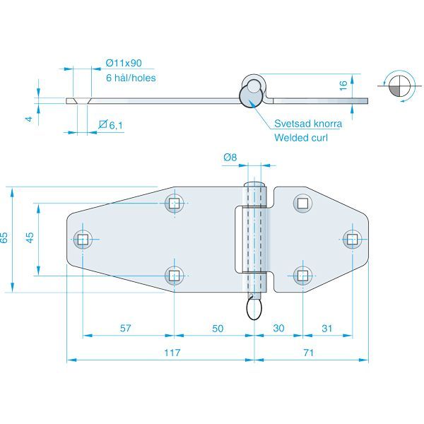Roca Scharnier rostfreier Stahl 117+71x65mm Achse ziehbar