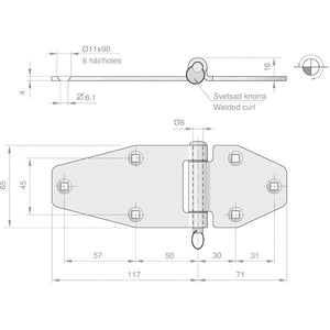 Roca Scharnier rostfreier Stahl 117+71x65mm Achse ziehbar