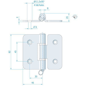 Roca Scharnier rostfreier Stahl 46+46x82mm Achse ziehbar