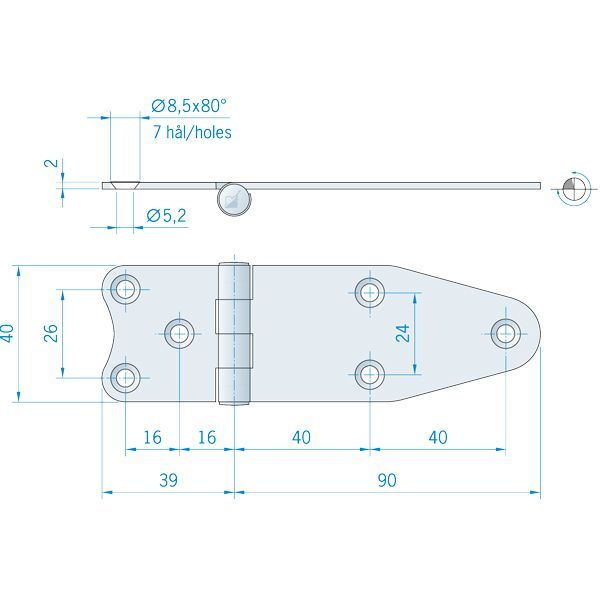Roca Scharnier rostfreier Stahl 39+90x40mm verdeckt