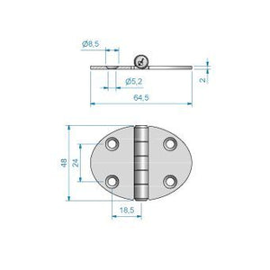 Roca hinge, stainless steel, oval, 32+32x48mm, bottom axle