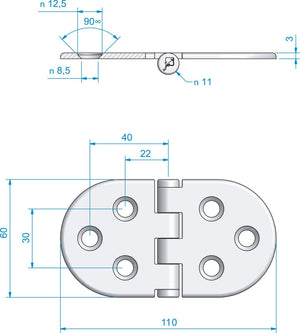 Roca concealed stainless steel hinge, oval, 55+55x60mm