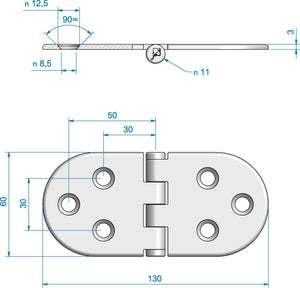 Roca concealed stainless steel hinge, oval, 65+65x60mm