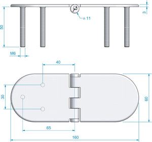 Roca Scharnier rostfreier Stahl oval 80+80x60mm mit angeschweissten Bolzen M6 L=50mm verdeckt
