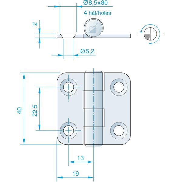 Roca Scharnier aus Edelstahl A4 – 24+24 × 40 mm