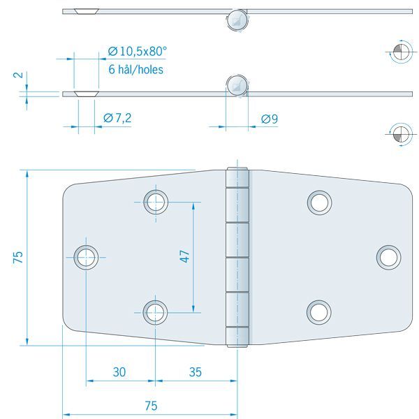Scharnier Edelstahl 150 x 75mm
