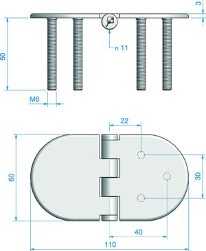Roca Scharnier rostfreier Stahl oval 55+55x60mm mit angeschweissten Bolzen M6 L=50mm verdeckt