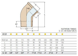 Guidi brass pipe bend 45° internal/external thread