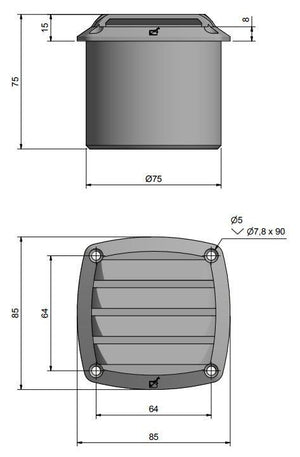 Roca Lüftungsgitter PVC mit Schlauchanschluss – 85 × 85 mm / Ø 75 mm