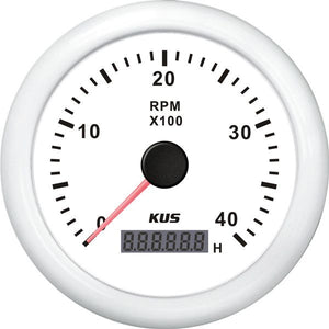 KUS Drehzahlmesser mit Betriebsstundenzähler f.Benzinmotoren 0-4000U/min 1-10p 12/24V D=85mm weiss