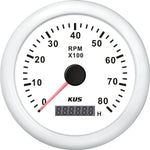 KUS Drehzahlmesser mit Betriebsstundenzähler f.Benzinmotoren 0-8000U/min 1-10p 12/24V D=85mm weiss