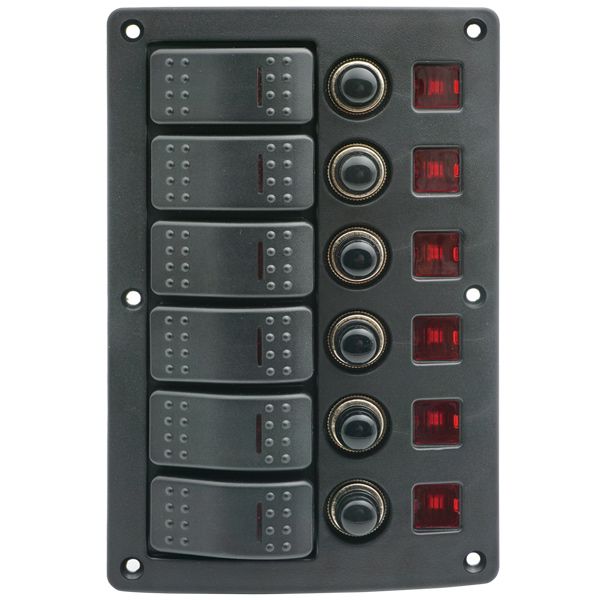 1852 Elektropaneel mit 6 Automatiksicherungen – beleuchtetes 12/24-V-Schaltpanel