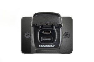 Scanstrut ROKK Flip-Pro USB-Steckdose SC-USB-F2 mit Montageplatte Eingang 12/24V Ausgang 1x USB-A 1x USB-C 5V je 3A wasserdicht nach IPX4