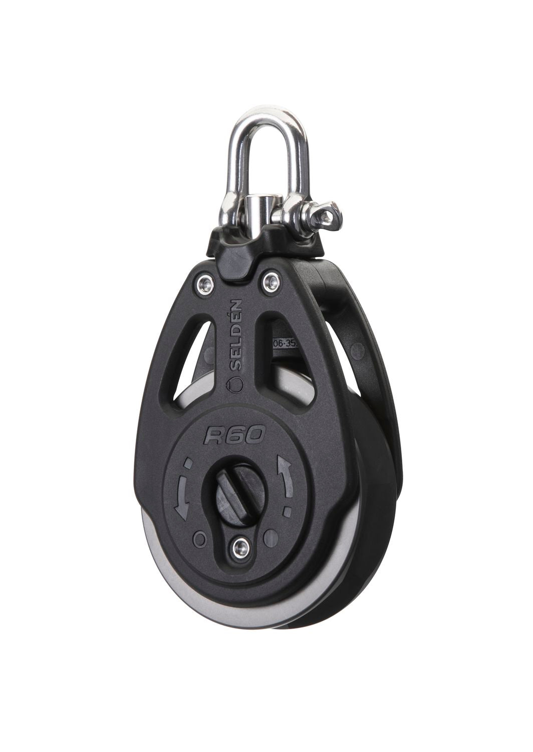 Seldén Einscheibiger Kugellager-Ratchetblock manuell R60+ mit Aluminiumrolle und Wirbelschäkel